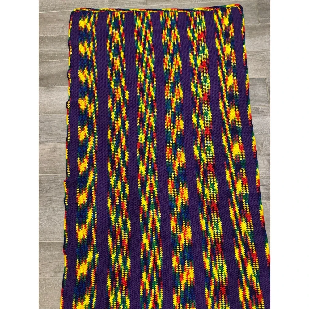 Handmade Crochet Afghan Blanket Large Purple Multi Color Retro Striped Cozy Boho